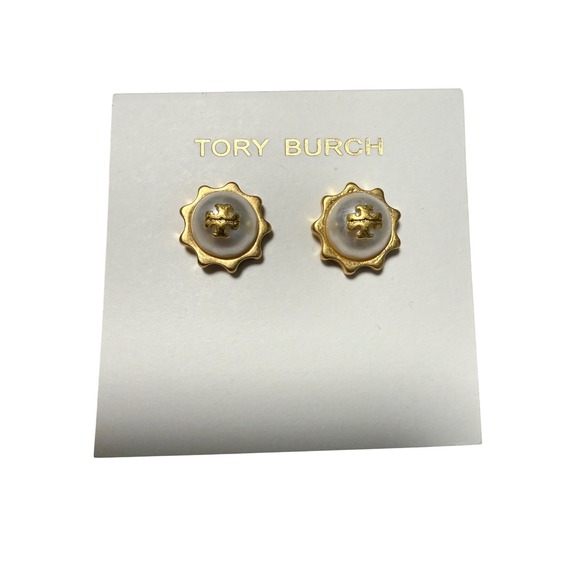 Tory Burch Jewelry - Tory Burch Gold Tone Faux Pearl Scalloped Double T Logo Stud Earrings with Pouch